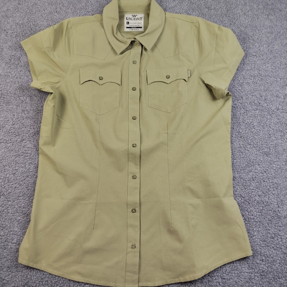 King Ranch Western Shirt Womens Large Short Sleeve Tan Button Down Rodeo Cowgirl